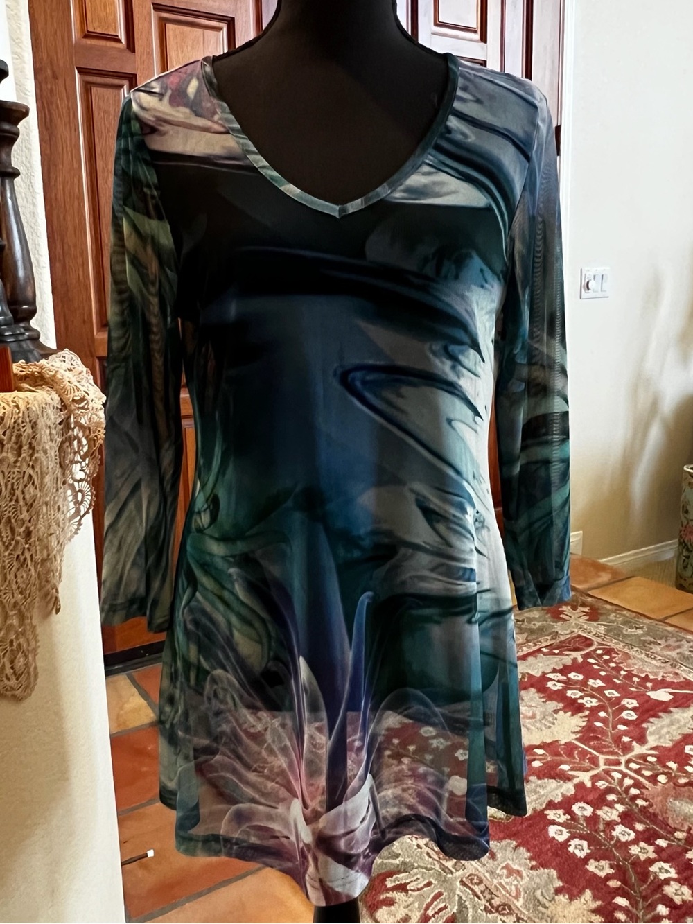 Vintage BRACHA Abstract Lightweight Colorful Long Sleeve Draped Hemline Top Sz M